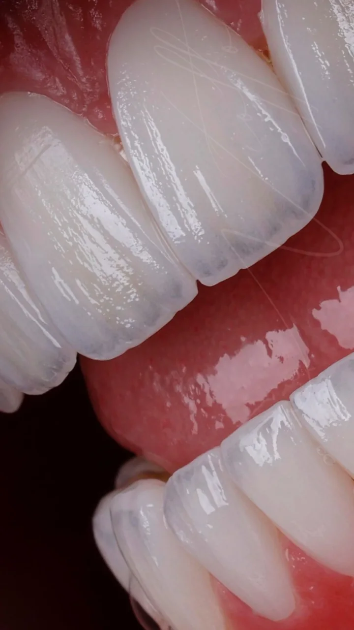 Detalhe aproximado do acabamento de uma lente dental.
